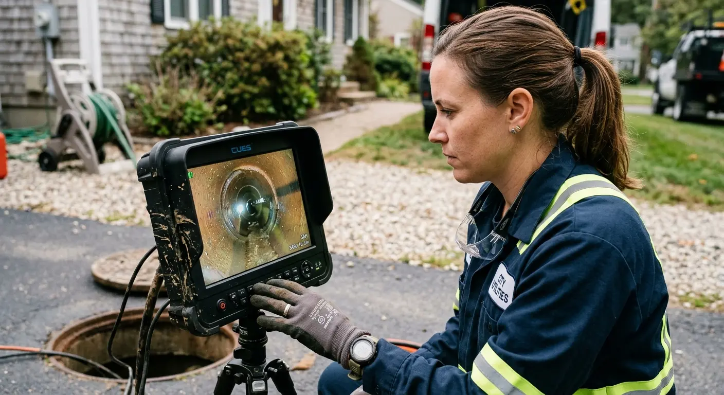 Technician reviewing sewer camera inspection footage in Moundsville
