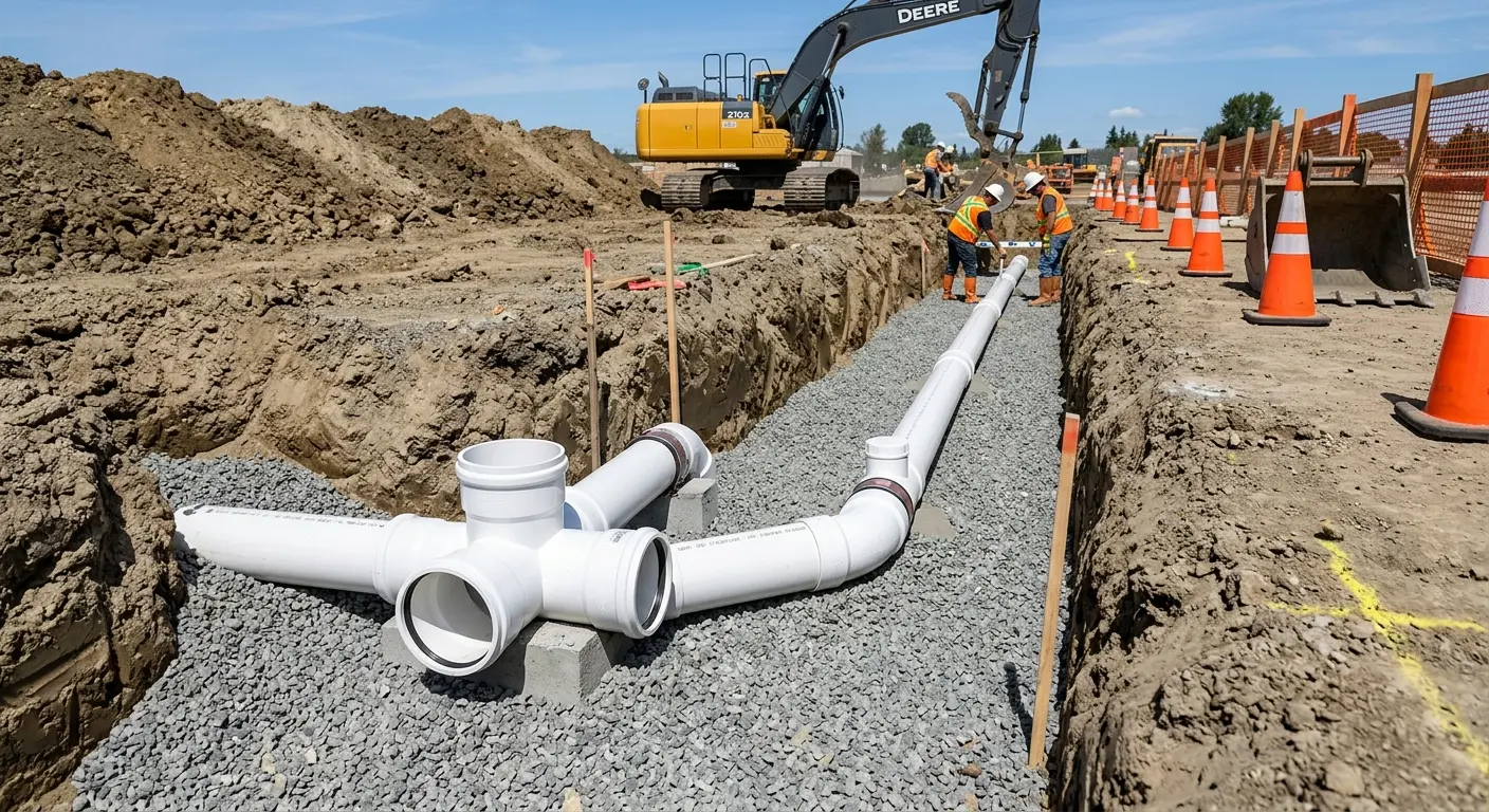 New PVC sewer pipe installation in open trench for Sewer Camera Inspection in Moundsville