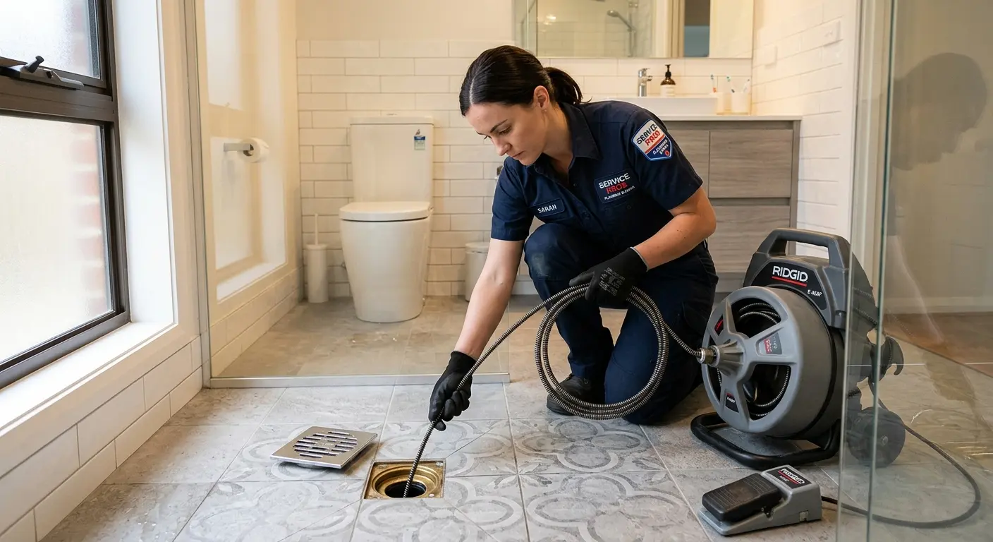 Technician clearing a bathroom floor drain for Hydro Jetting in Moundsville